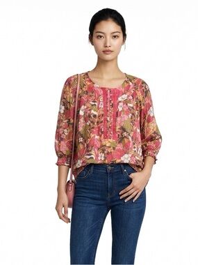 Zac & Rachel Pink Floral Peasant Blouse Crochet Lace Trim 3/4 Sleeve XL